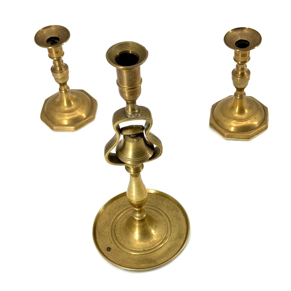 RARE Antique English Brass Tavern Candlesticks w/ Bell
